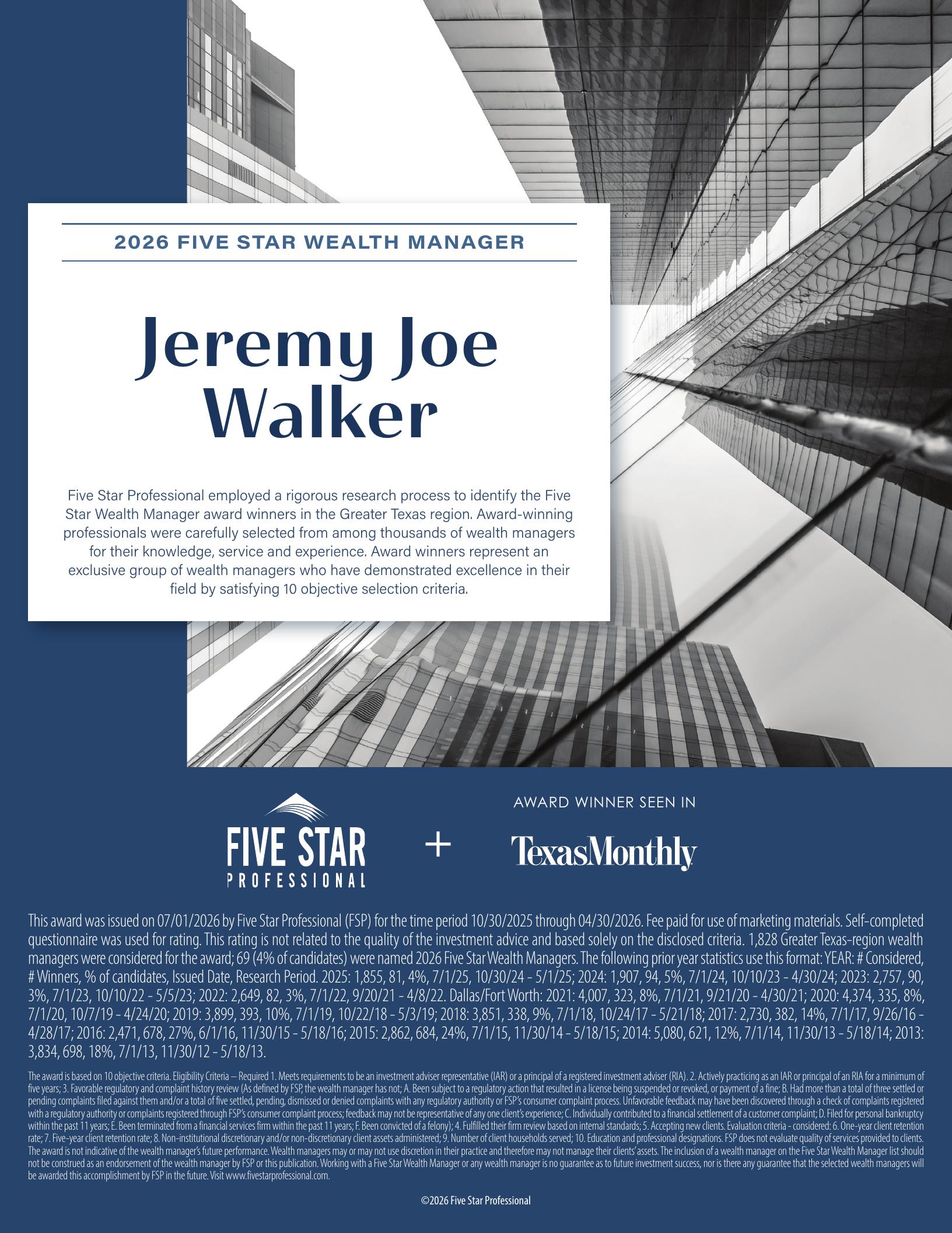 2026 Five Star Wealth Manager award reprint featuring Jeremy Joe Walker of Maverick Wealth Management, as seen in Texas Monthly